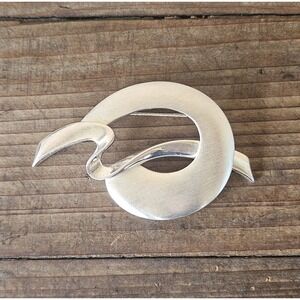 Vintage MCM Abstract Satin Silver Toned Swirl Brooch 2.75" W